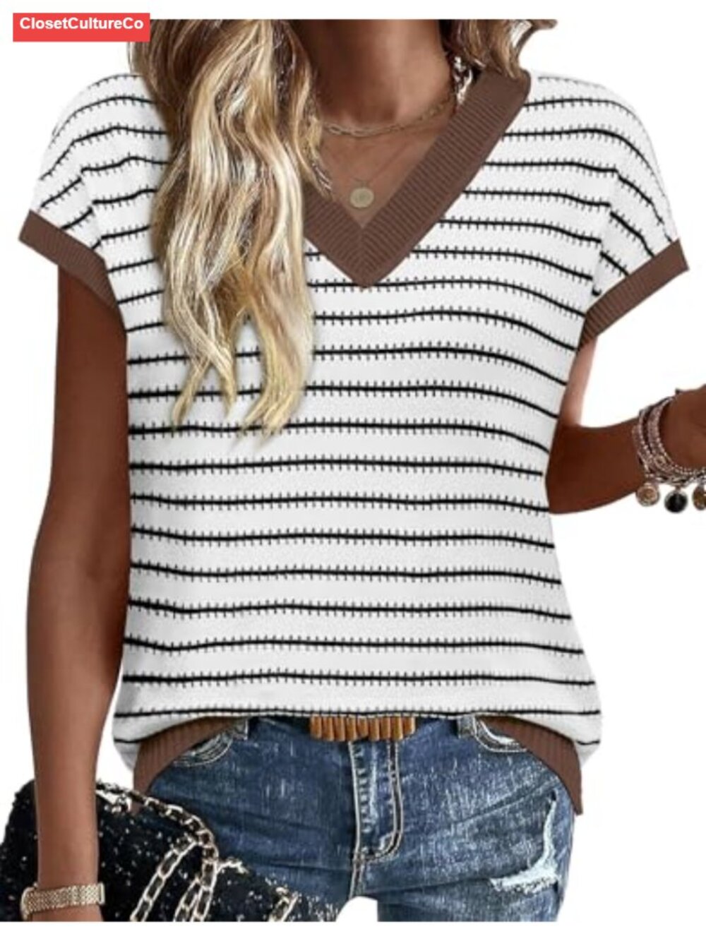 Womens Short Sleeve Sweater V Neck Striped Pullover Lightweight Knit Top